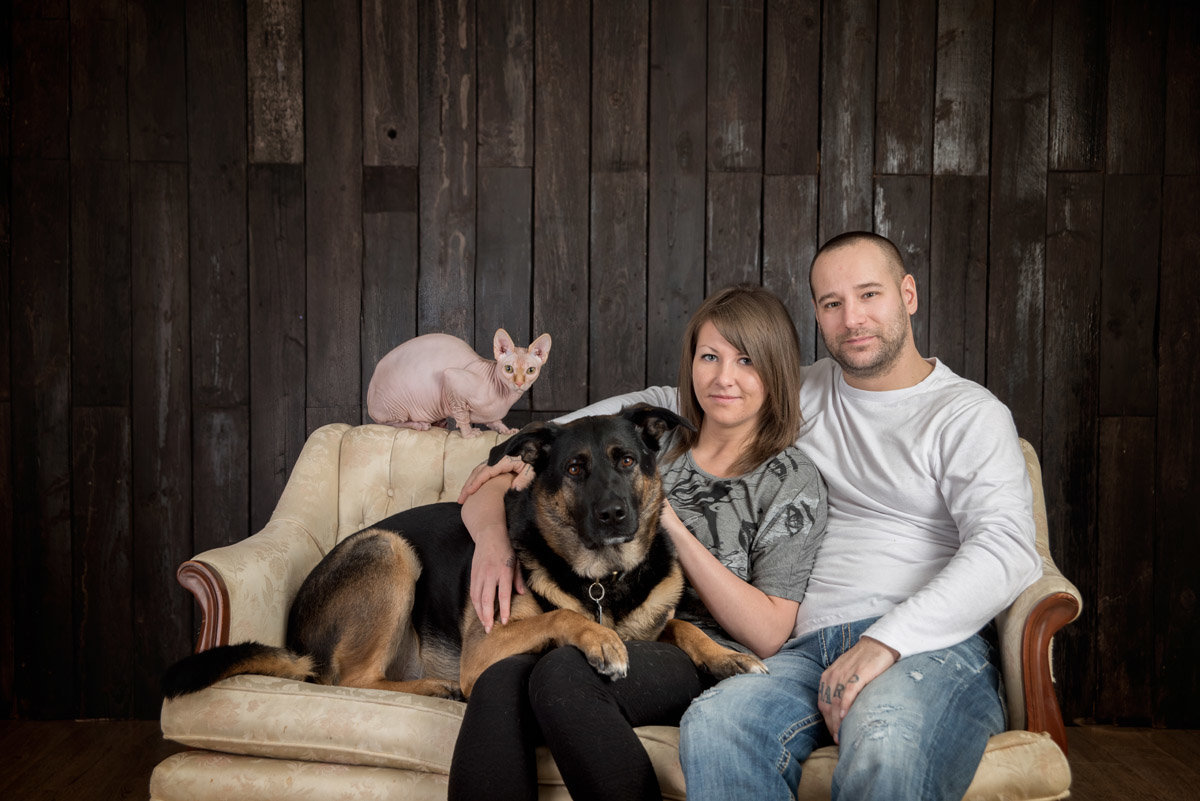 photo of couple with big dog and hairless cat in studio