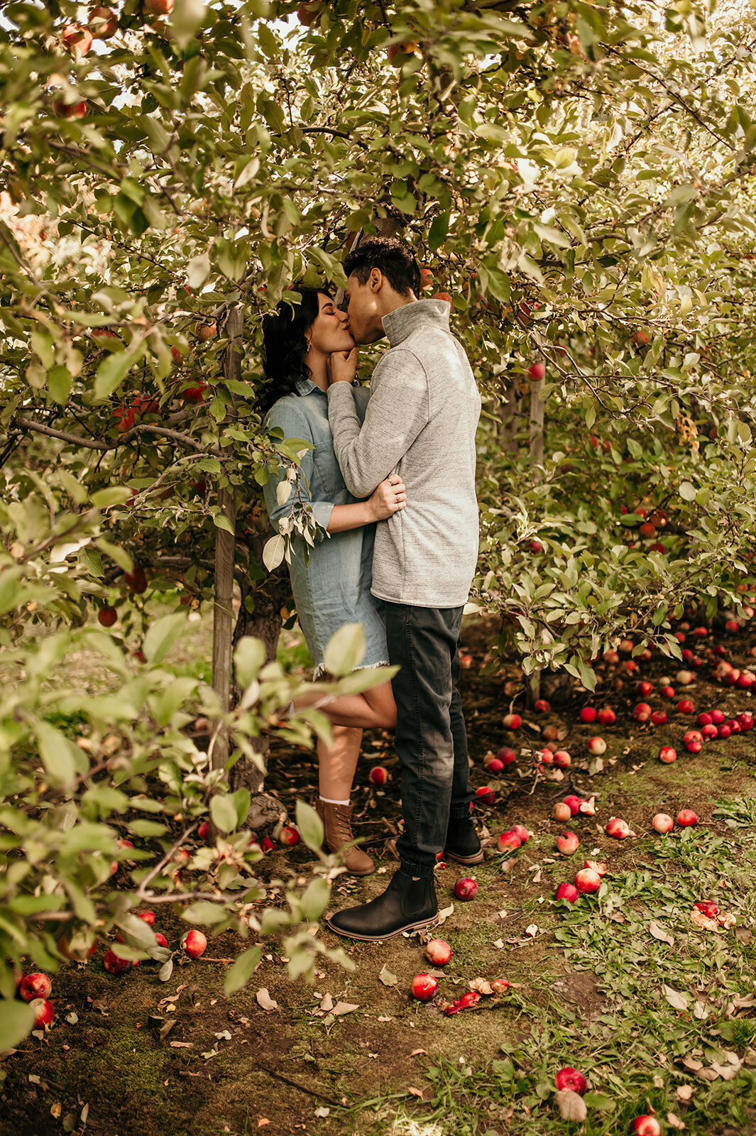 Man kissing woman in apple orchard
