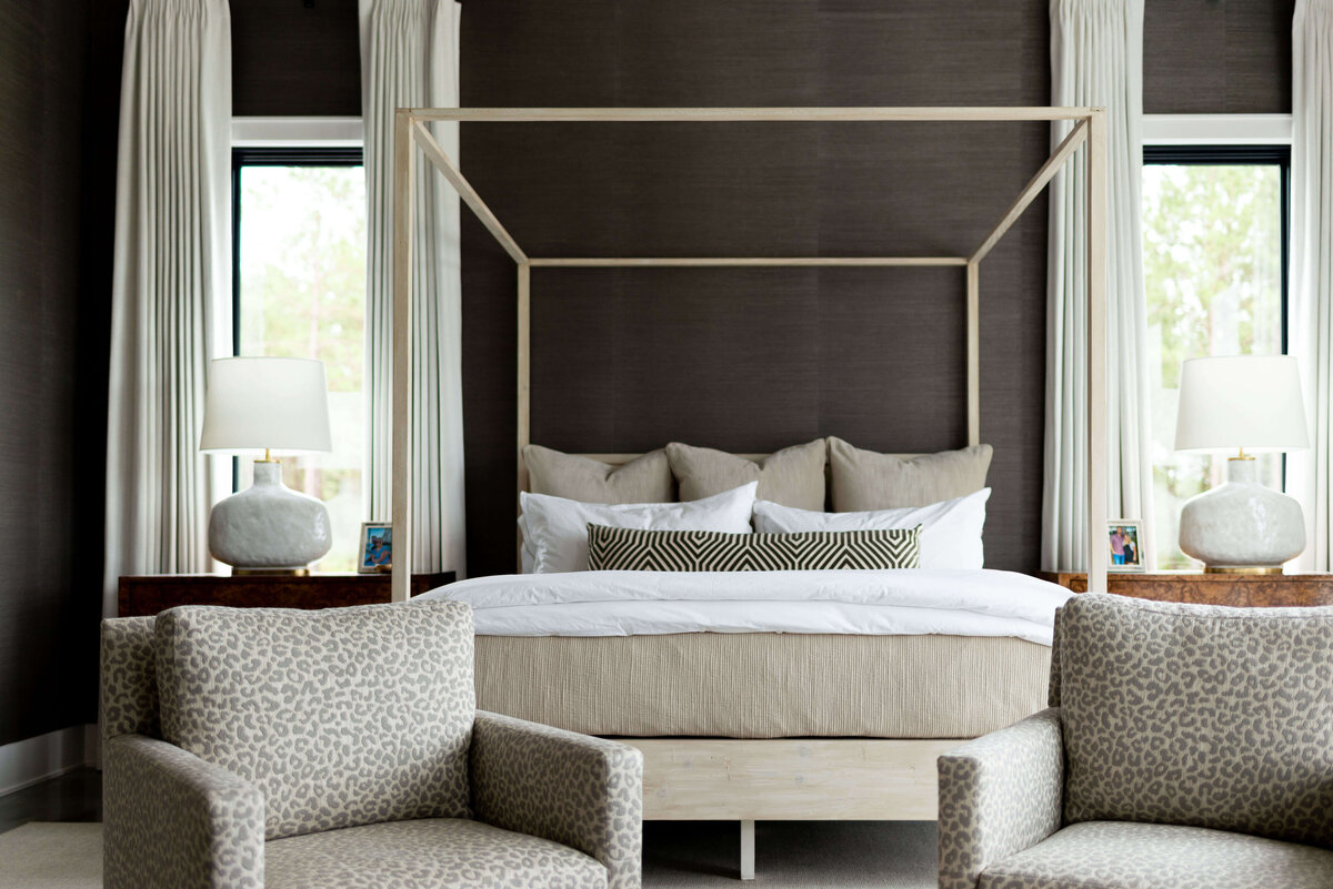 oyster creek studios building belt new build tan canopy bed in a dark brown bedroom