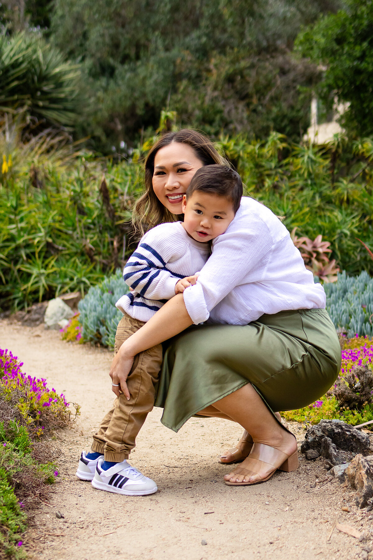 Mom and her toddler son during a playful family photo session  – Ellobelle Photography, lifestyle family photographer on the San Francisco Peninsula Stanford cactus garden Arizona Garden palo Alto
