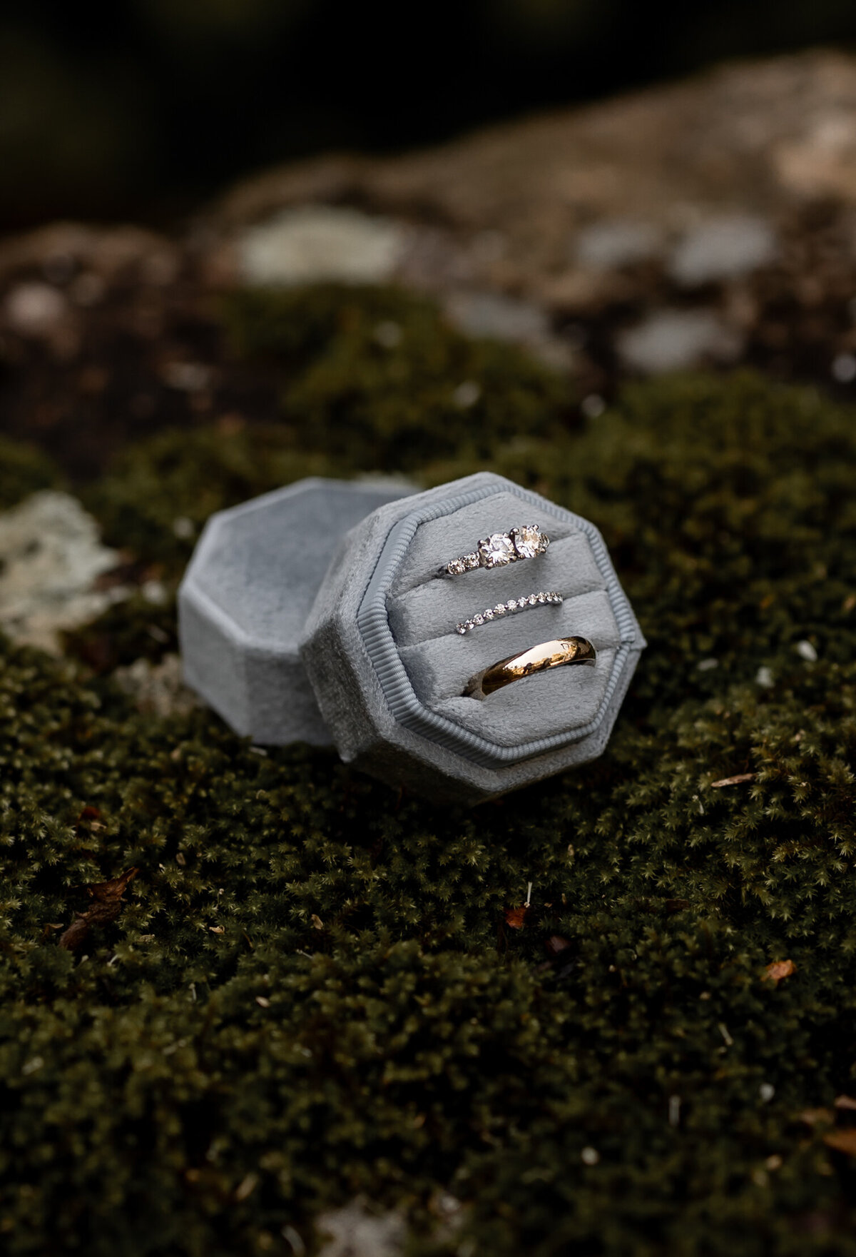 A gray hexagonal velvet ring box rests open on mossy ground, revealing three rings: a classic gold band, a diamond band, and a central diamond flanked by smaller diamonds—captured with the keen eye of a New England Wedding Photographer.