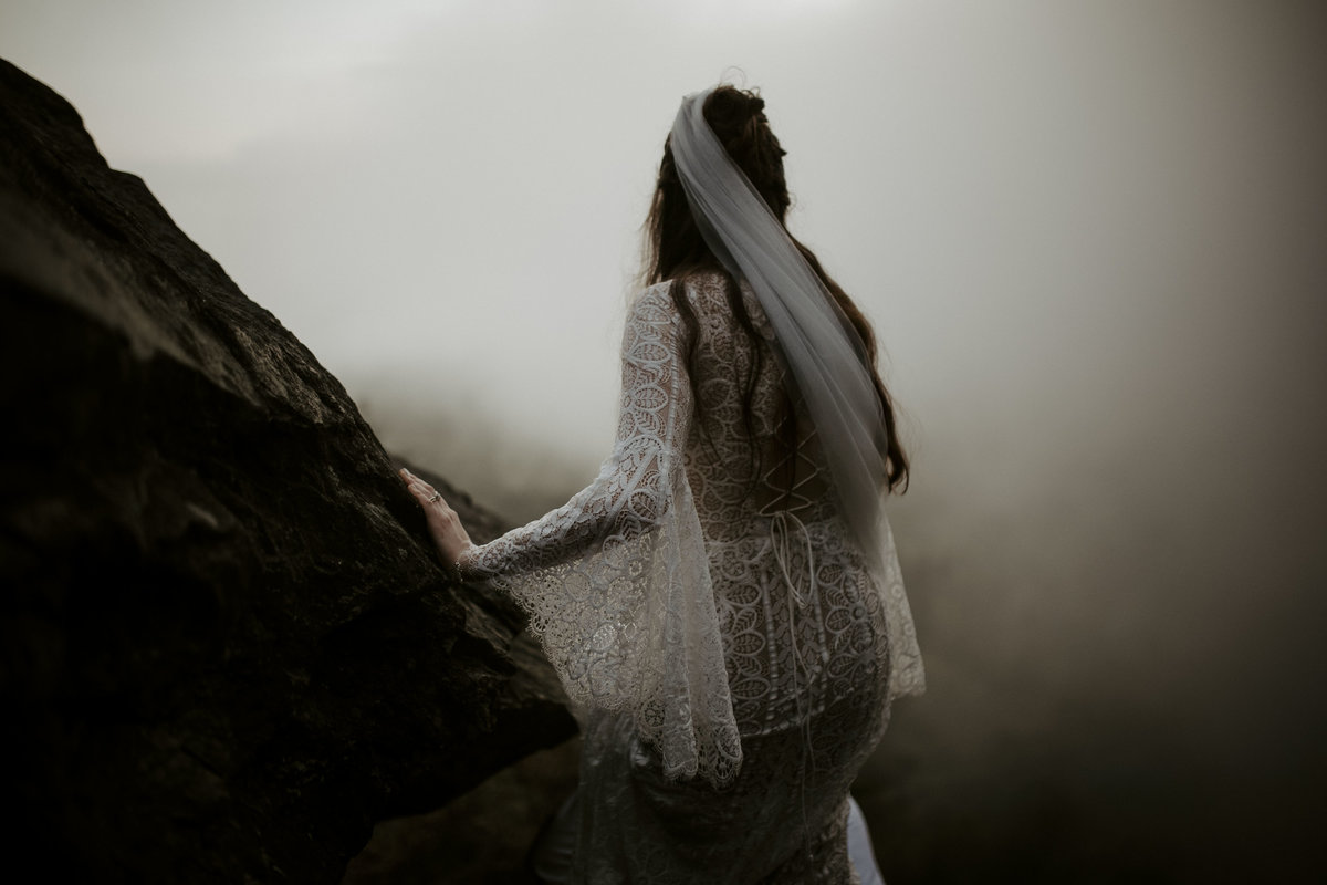 Bride staning in the fog on the Blue Ridge Parkway near Asheville NC