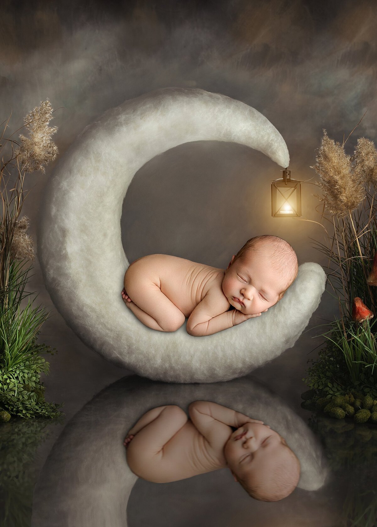 Newborn posed on a moon floating on a pond from Le CLaire Iowa