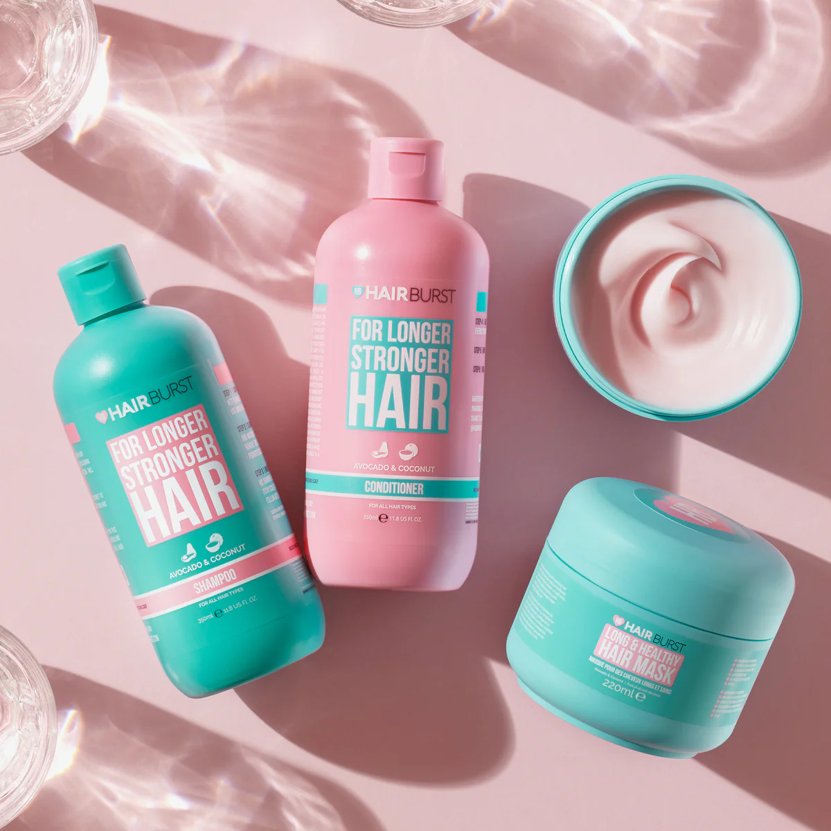 Hairburst hair care product bottles – showcased in health and beauty campaigns by SA Communications, UK wellness PR agency.