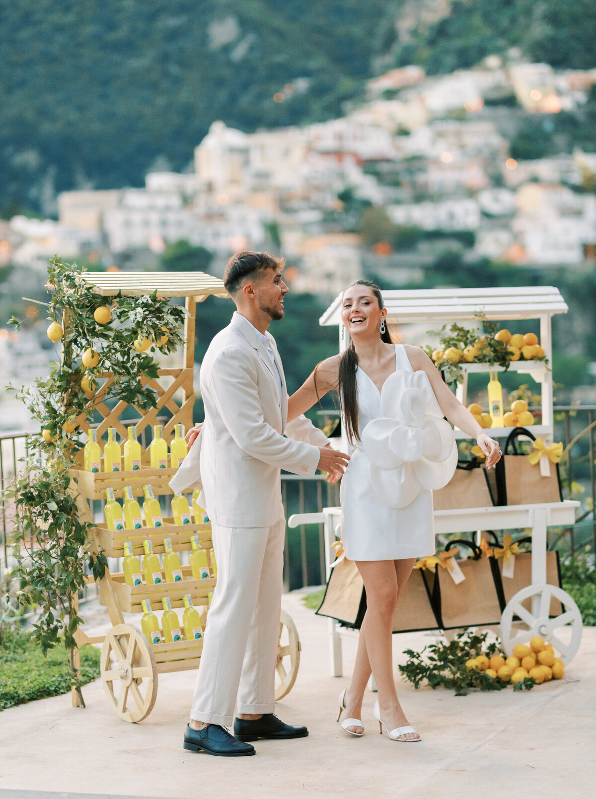 bride and groom at welcome party in positano, italy