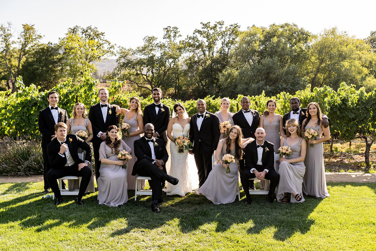 Elegant wedding party group portrait with bride and groom surrounded by bridesmaids in dusty blue gowns and groomsmen in black tuxedos among Napa Valley vineyard rows at Estate Yountville, professional San Francisco Bay Area wedding photographyRetryClaude can make mistakes. Please double-check responses.
