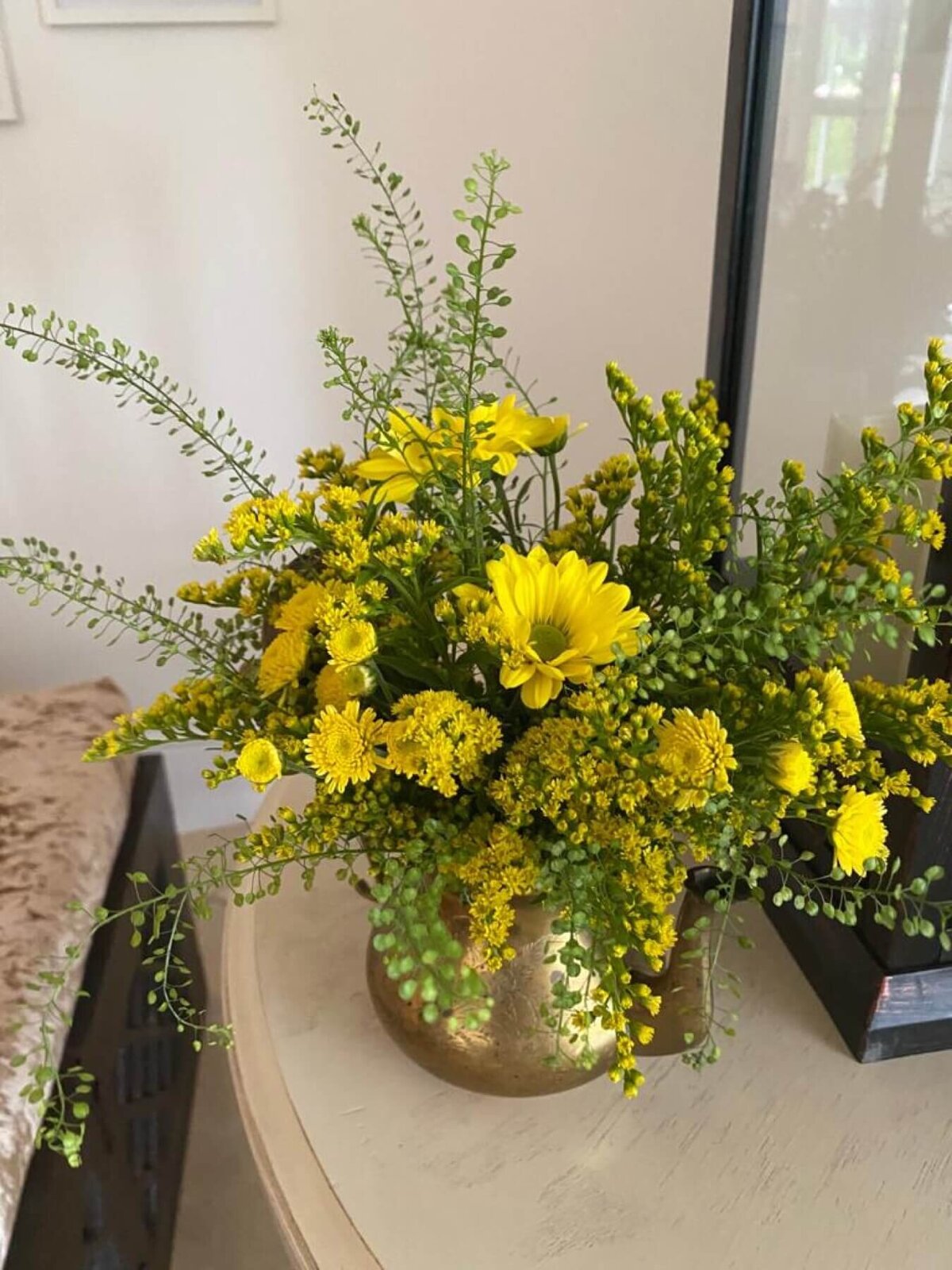 Yellow Garden flowers in a gold pot