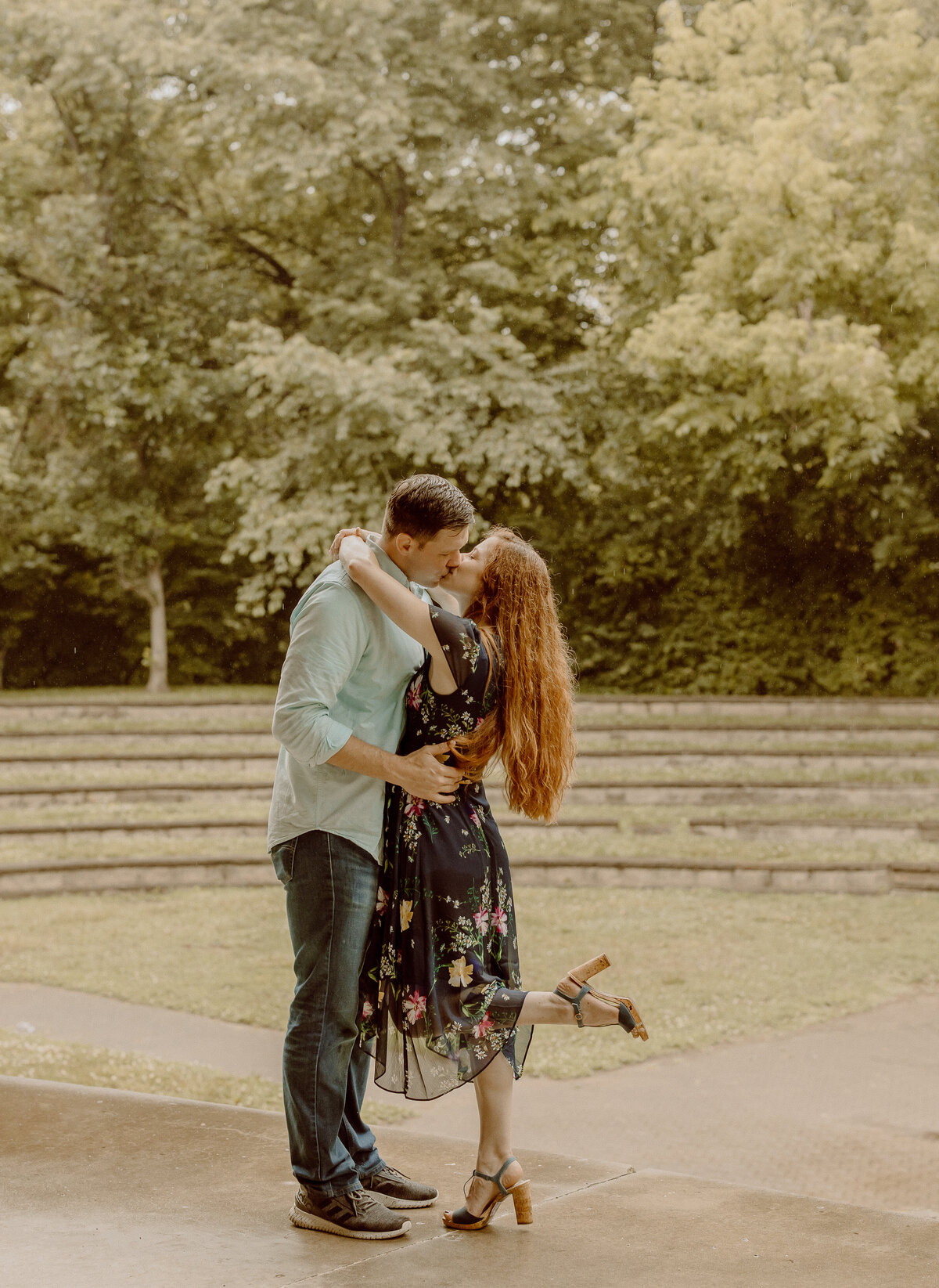 couple kissing during engagement session in ohio