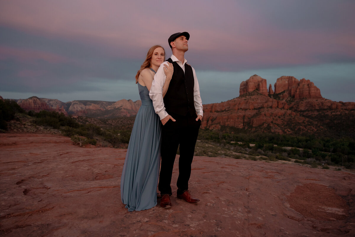 Sunset engagement photo in Sedona with golden Arizona light