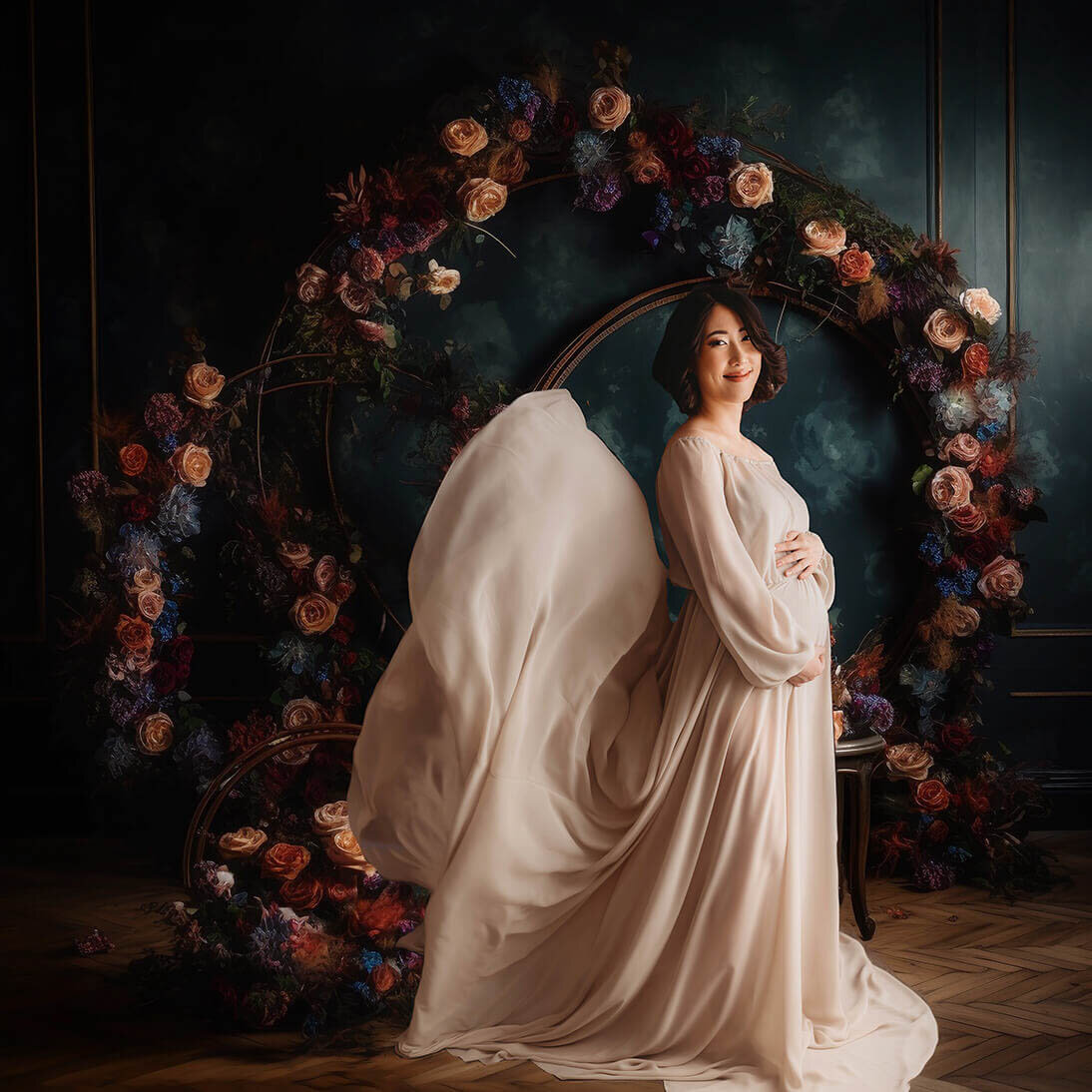 Expectant mother poses for Studio Maternity Photoshoot in Charleston, SC.