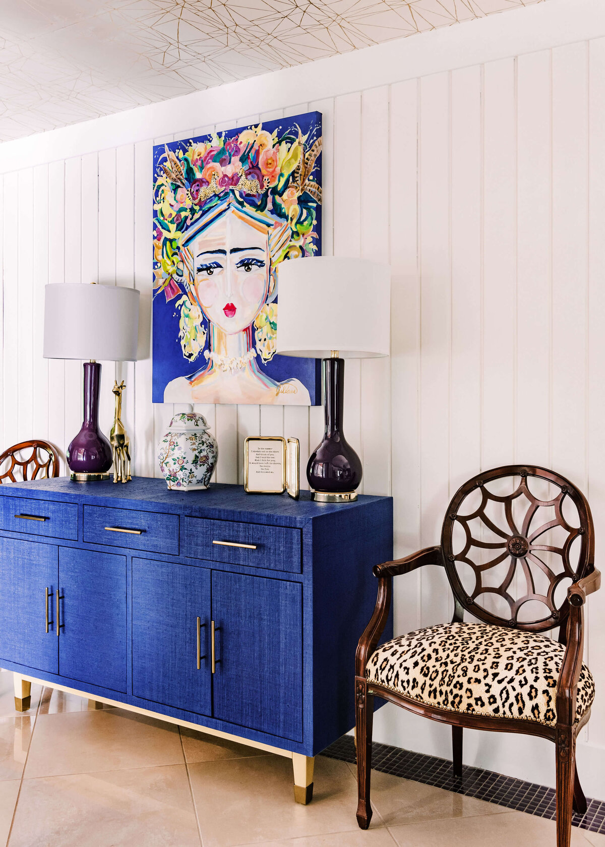 sweet southern home merry maximalism girl painting bright blue accent table leopard print chair