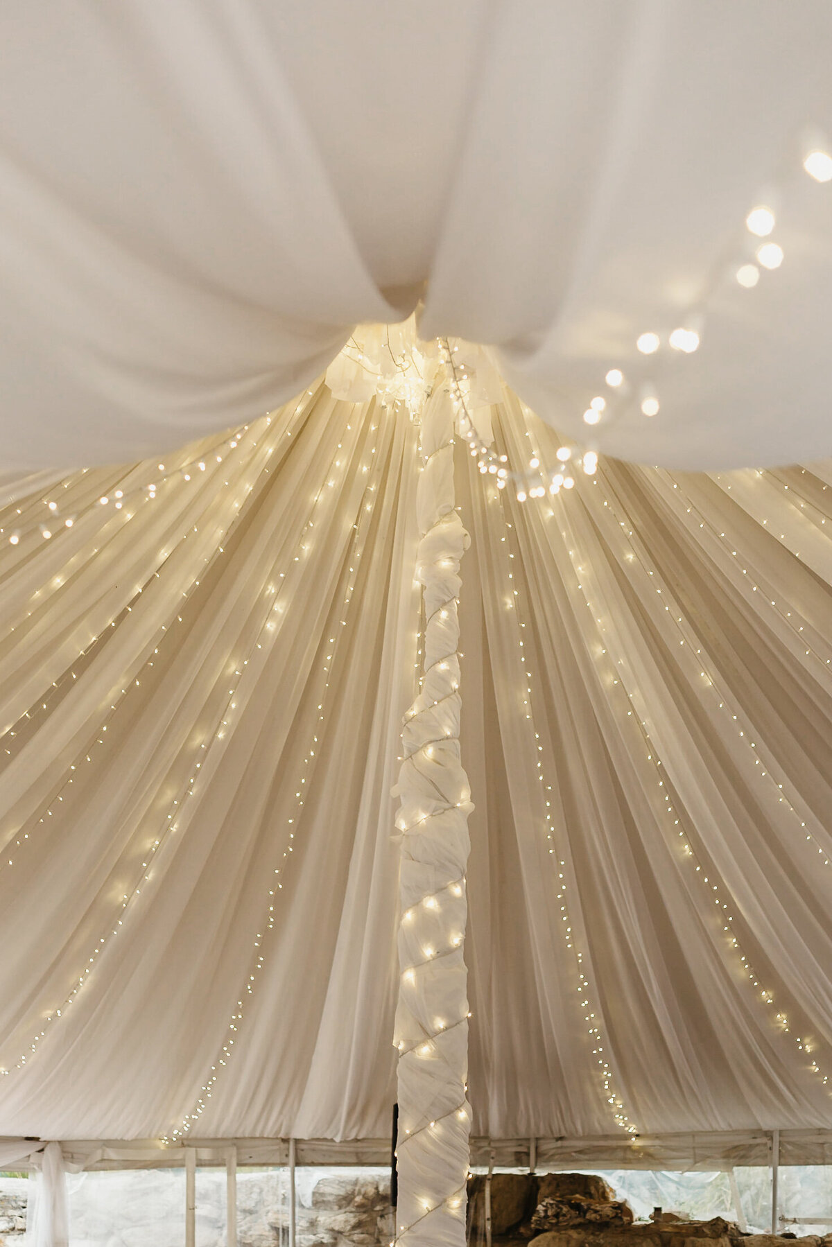 Close up of the draping and twinkle lights under the tent at Cherokee Ranch and Castle.
