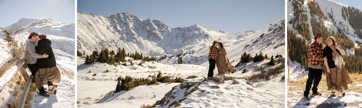 Couple posing for lifestyle photoshoot in snow rocky mountains