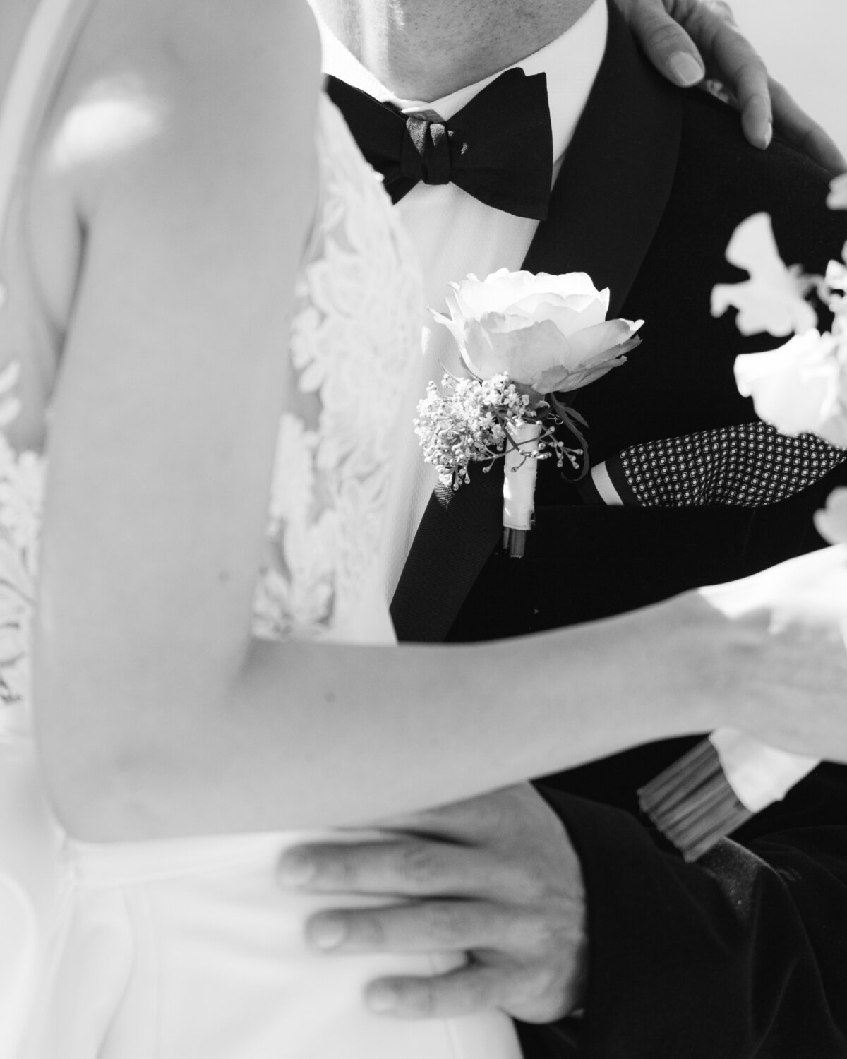 Editorial portrait of bride and groom at black tie wedding