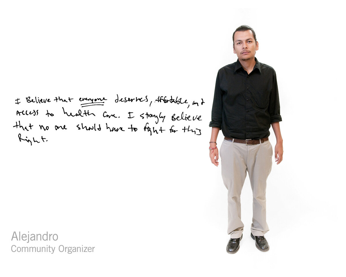 A participatory photo project where subjects are photographed in studio and their handwriting is displayed next to the image.