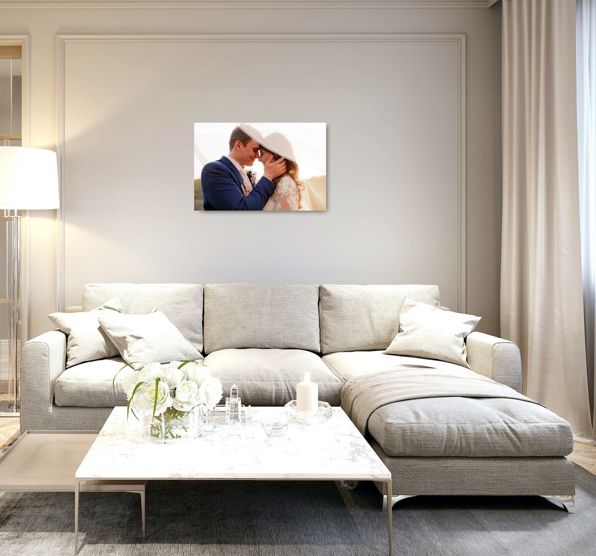 wedding artwork displayed on a living room wall
