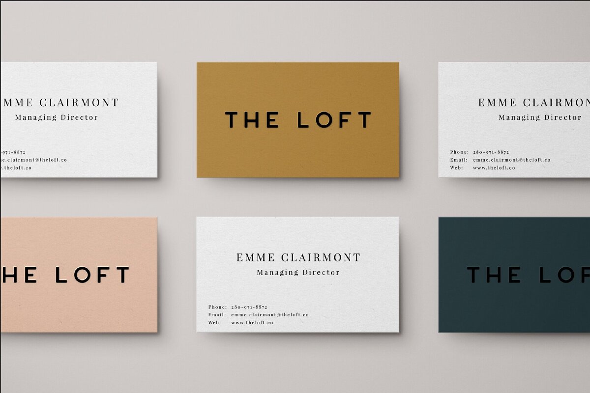 Three different business card colours featuring peachy pink, mustard, and deep evergreen.