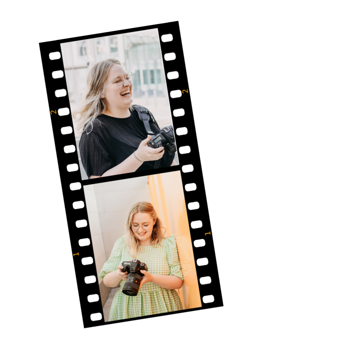 Film strip image filled with images of Natalia. Laughing and looking down at  her camera.