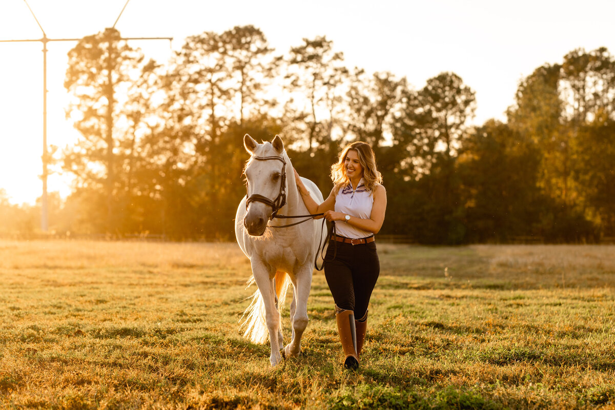 Jacksonville horse photographer takes photos of dressage horse at sunset.