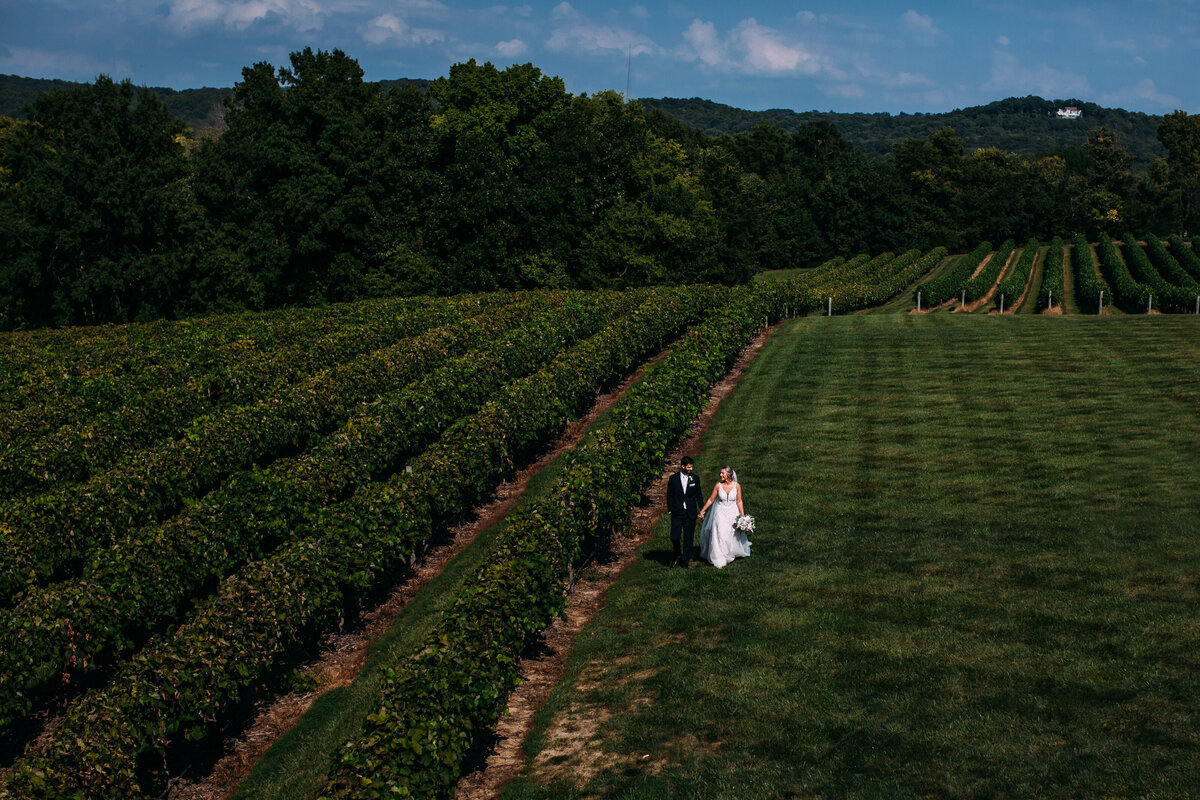 bride and groom walking in a vineyard at their wedding in missouri