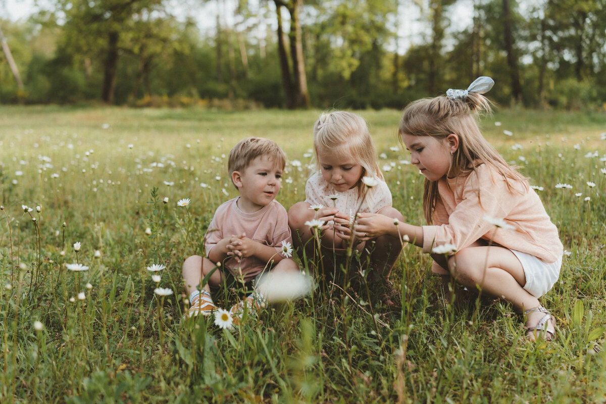 Drie kinderen hurken en plukken bloemen in weide.