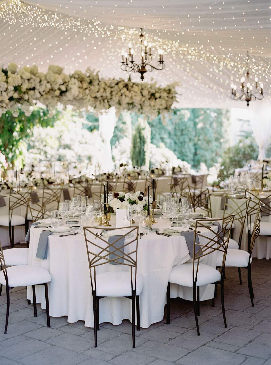 Luxurious wedding reception table at the terrace patio in chateau lill