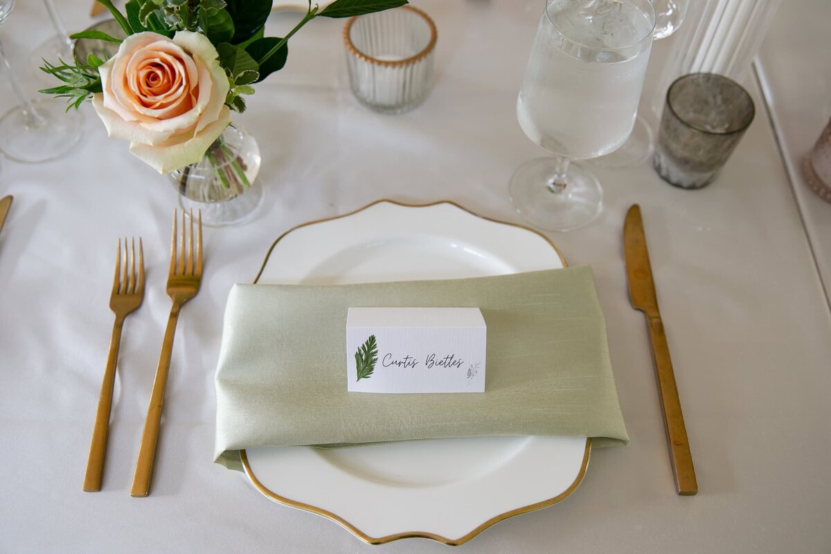 Close-up table décor at Merrimon-Wynne House wedding reception