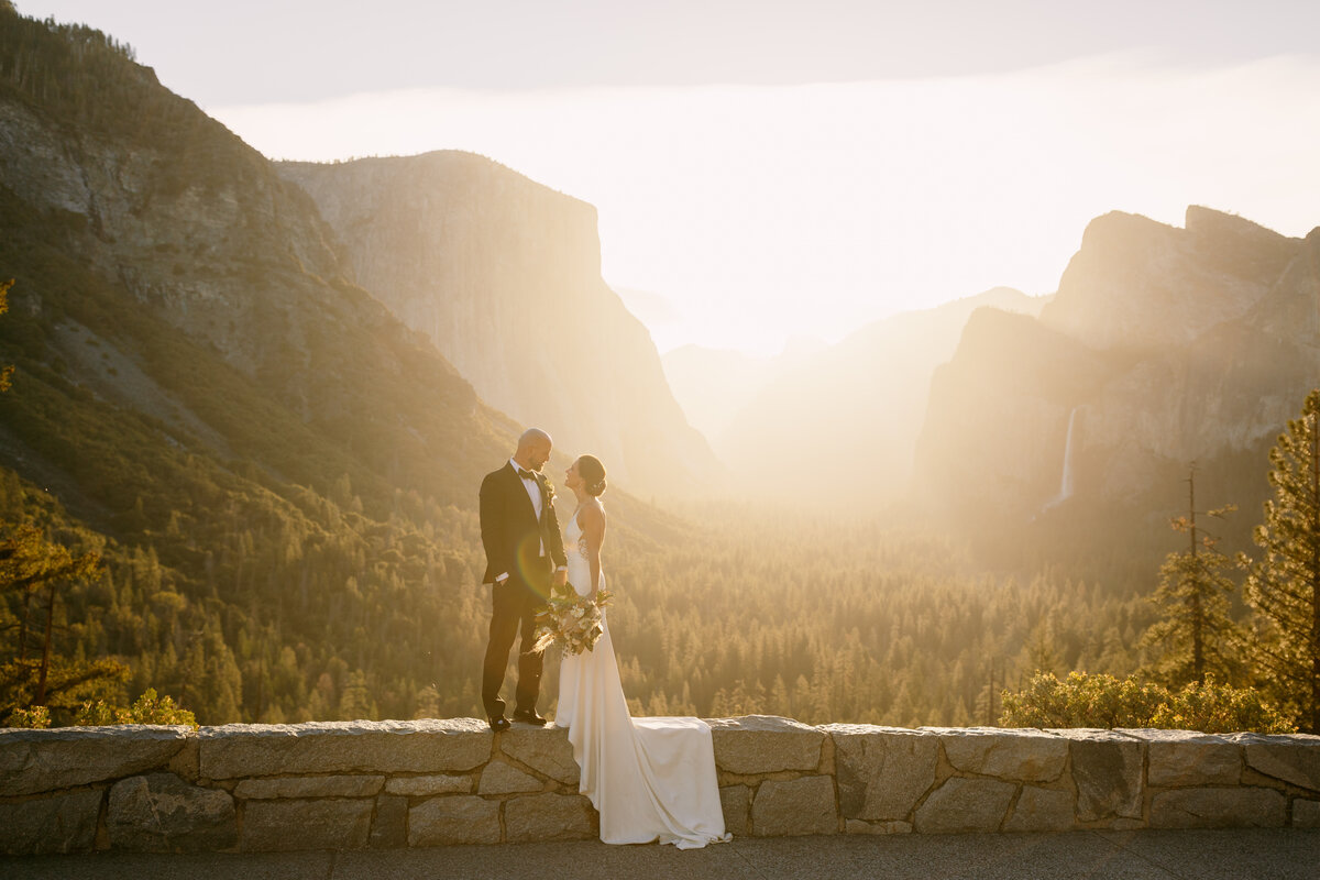 bride and groom with scenic background