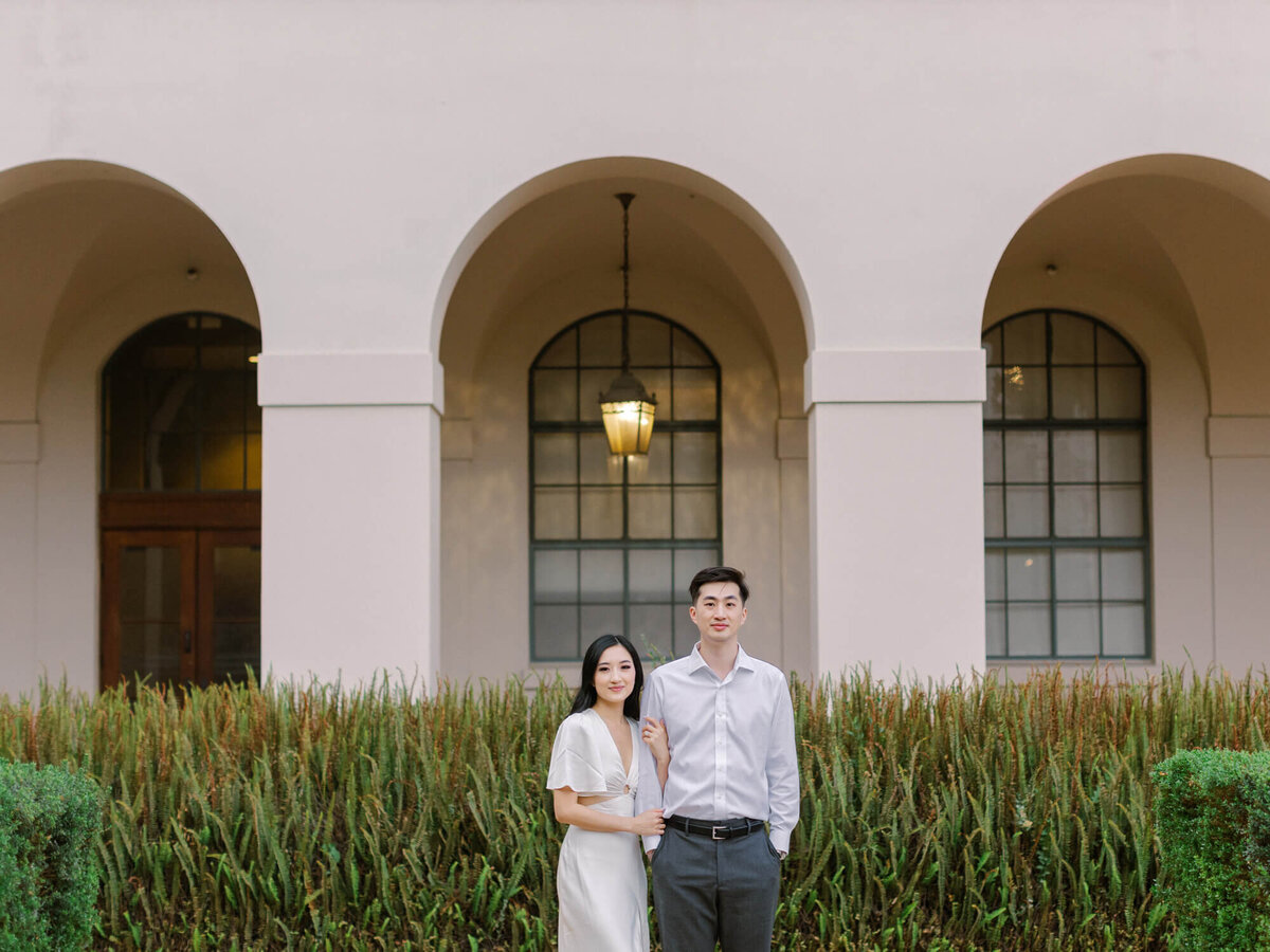blue hour engagement photo of couple at pasadena city hall