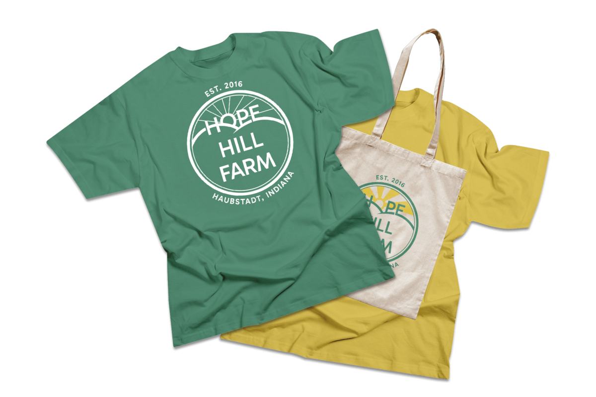 hope hill farm logo on t-shirts and tote