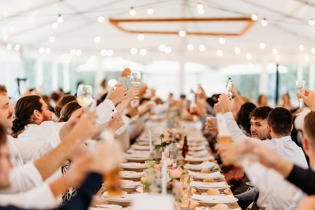 Cheers during speeches at Poachers Pantry wedding reception