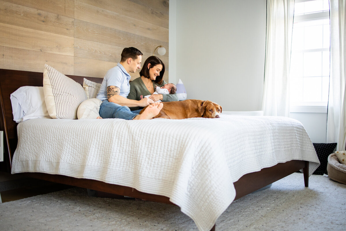 Parents holding newborn on bed snuggling with dog