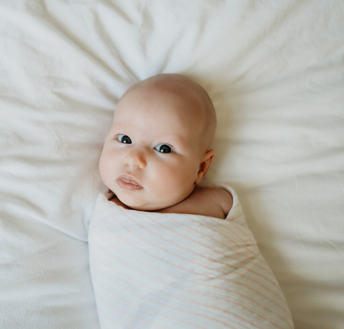 Newborn Photographer, Baby girl swaddled on the white bed looking at the camera.