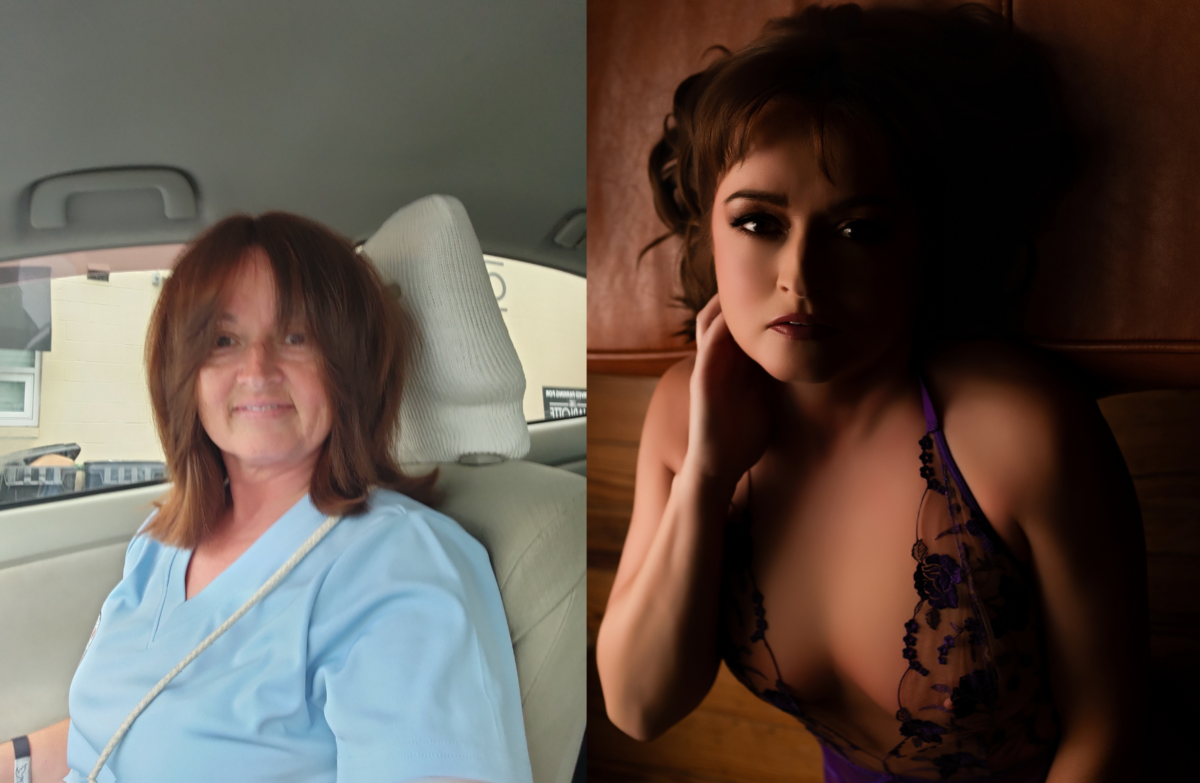 Before and after transformation showing hair and makeup from a BombShell Boudoir session