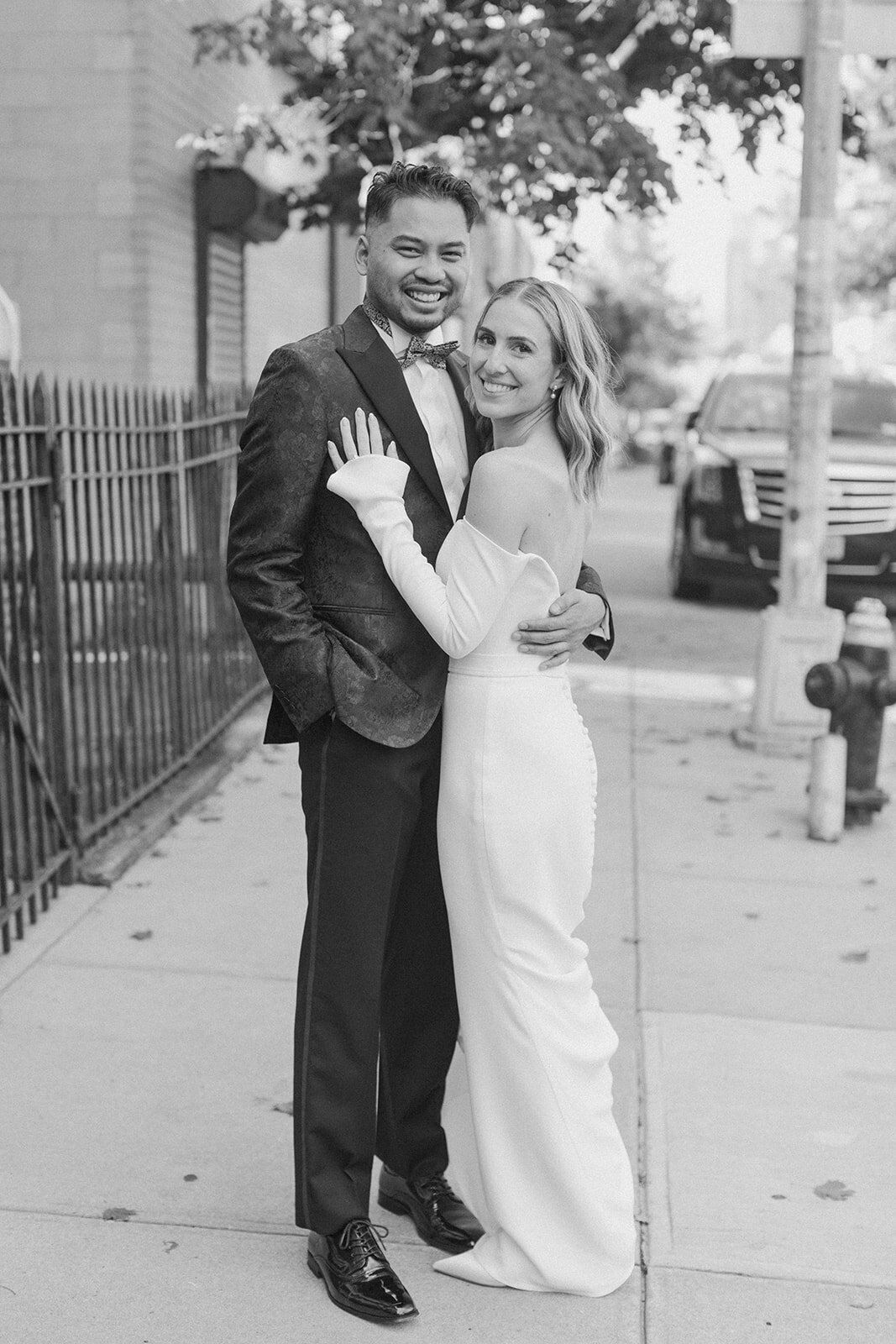 bride and groom black and white portrait outside of brooklyn winery