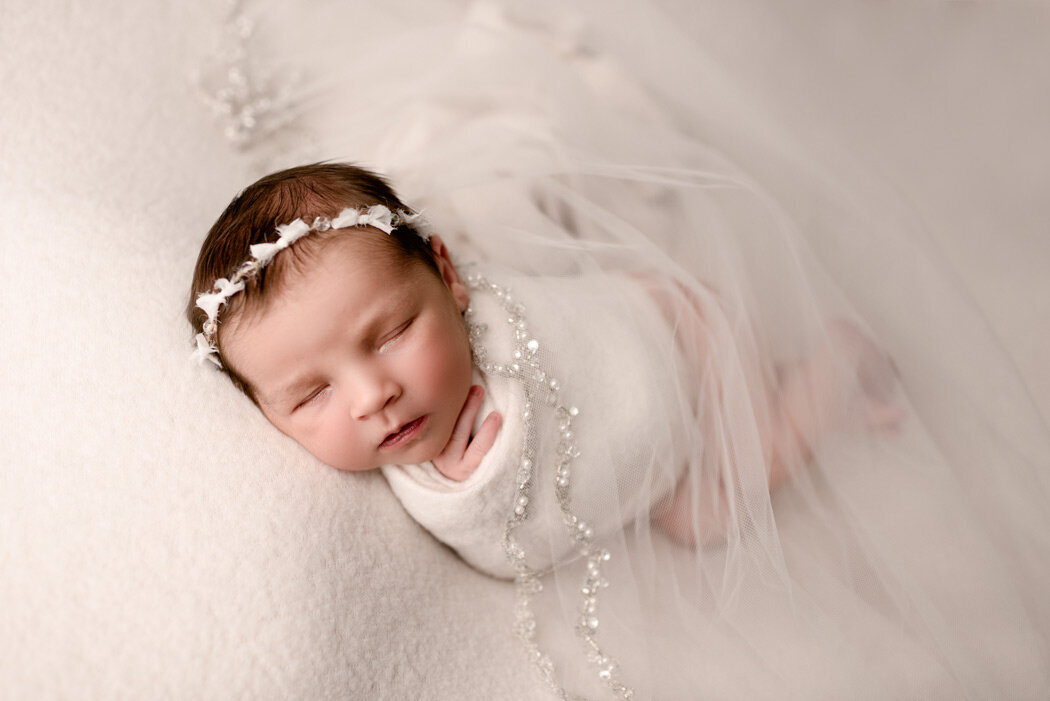 Brighton Newborn Photographer baby covered in veil by For The Love Of Photography