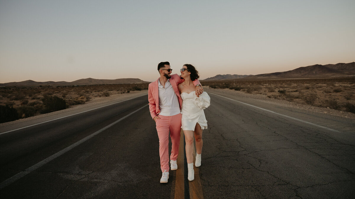 Bride and Groom in the middle of the road in Las Vegas.