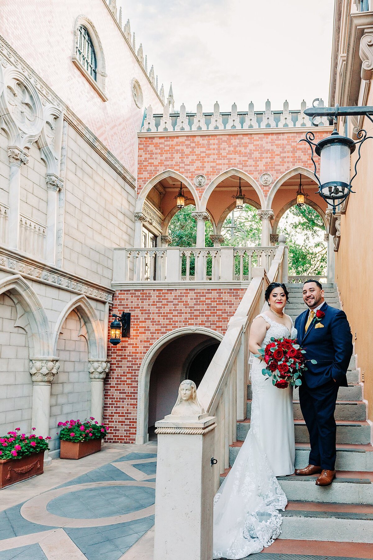 bride and groom at Disney Italy Pavilion