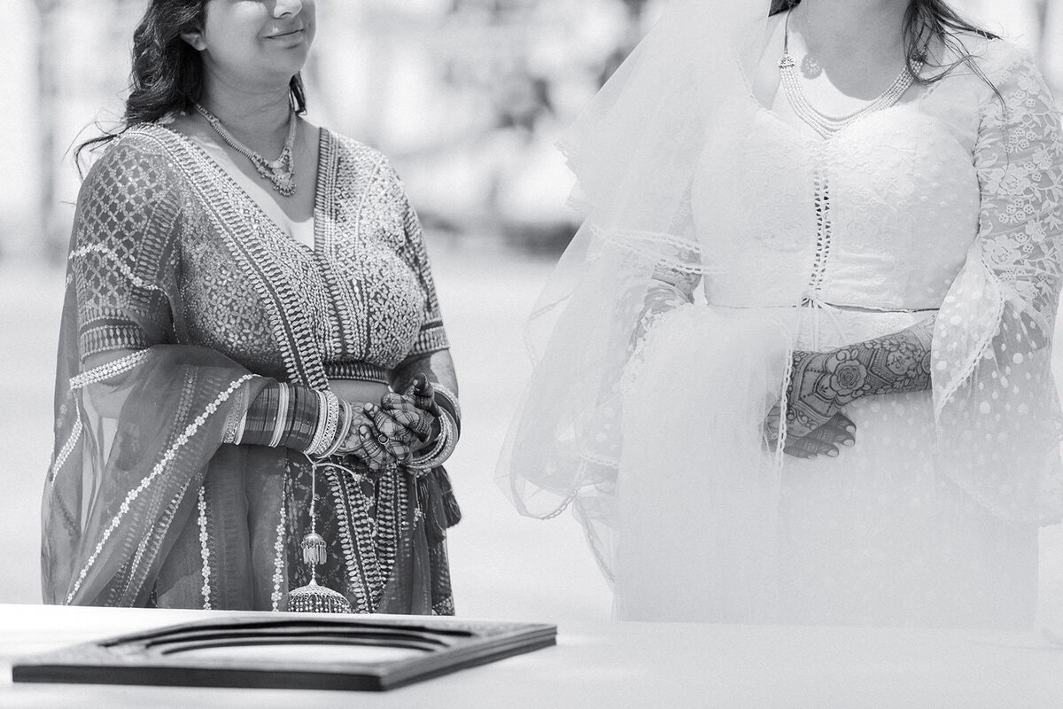 A close up image of henna tattoos on a couple's hands on their wedding day 