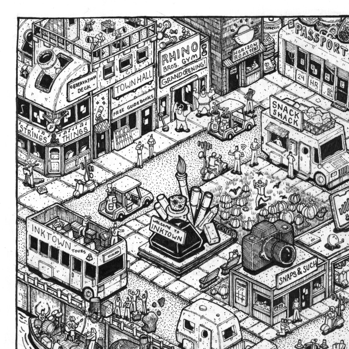 Isometric Pen and Ink illustration of a giant octopus that delivers the mail to a small house on stilts above the water.