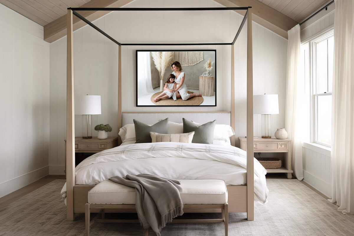 Bedroom with a framed photo of a mom and daughter at their family photo session