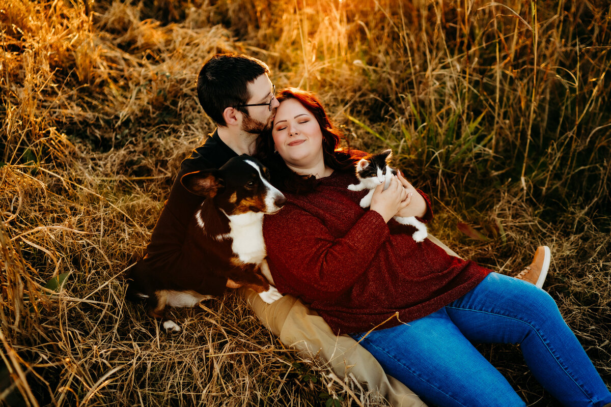 couples and engagement poses with dogs and kitten at sunset in field in Lafayette, l