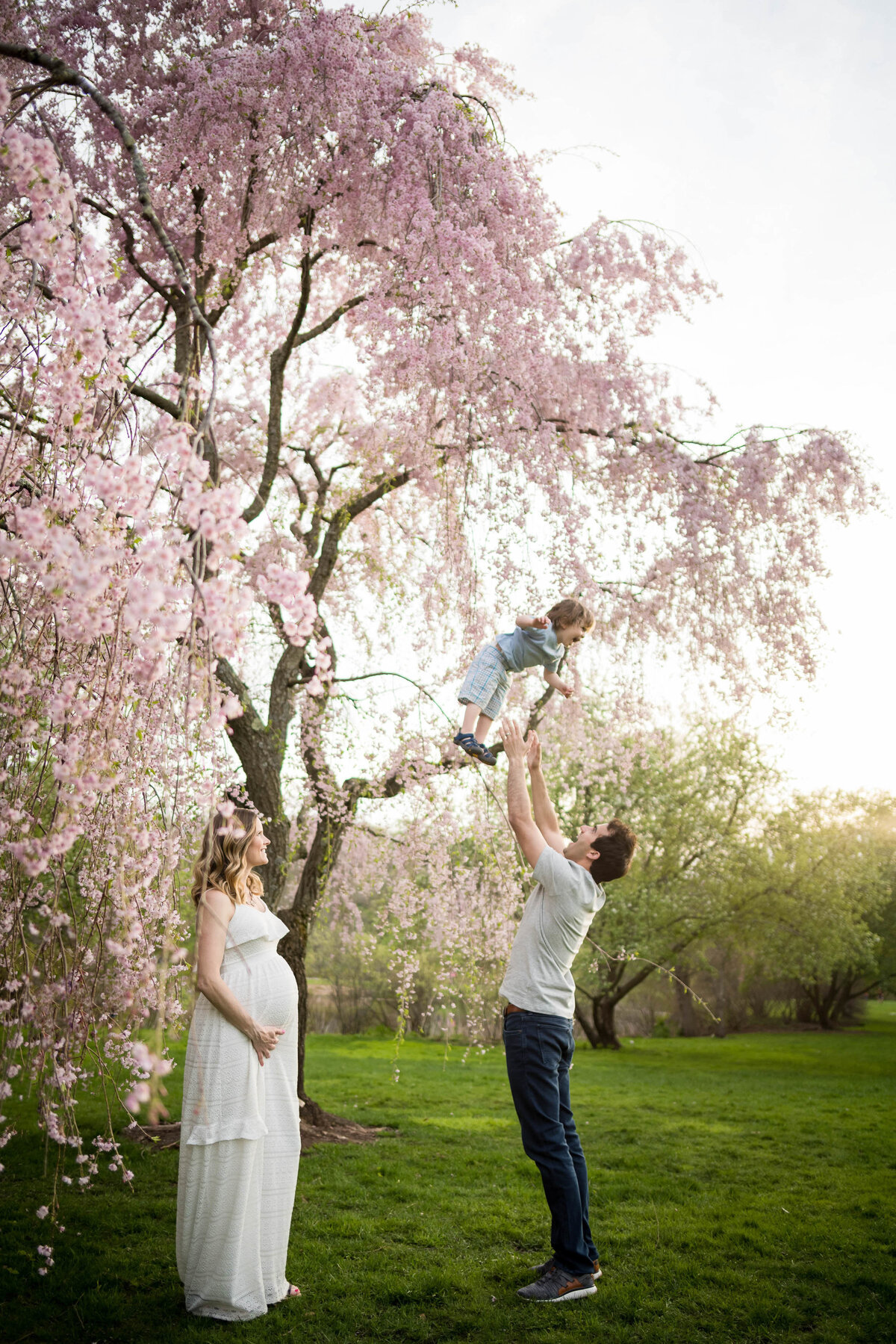 father tossing son into air during maternity session