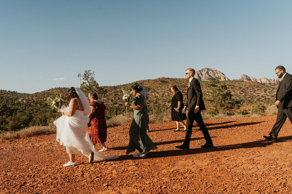 Newlyweds and wedding guests walking in the desert 