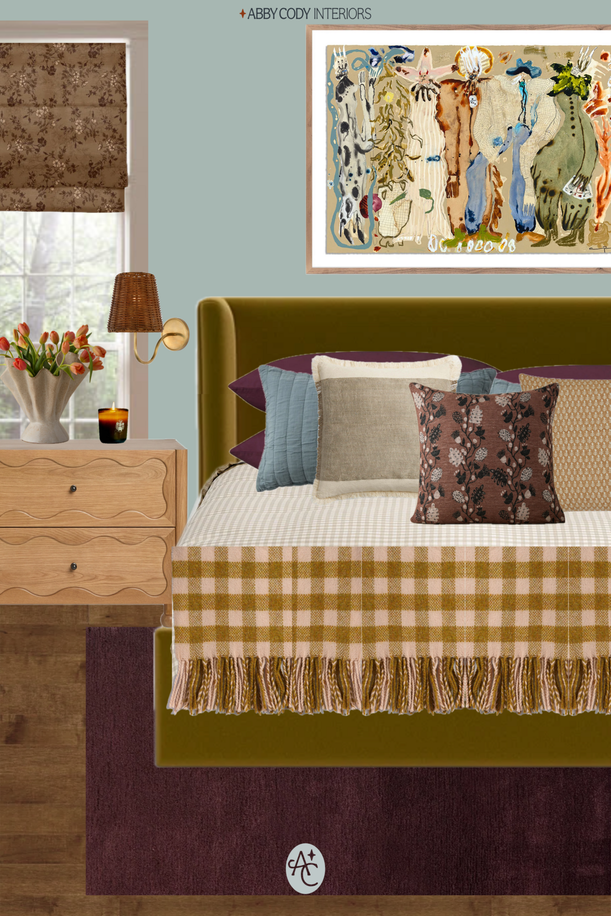 moodboard mockup of blue wall bedroom, plum purple rug, green bed frame, checkered blanket, large painting, lulu and georgia nightstand, dark floors