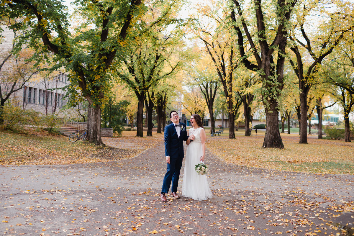Couple walks around U of S campus for their wedding photos