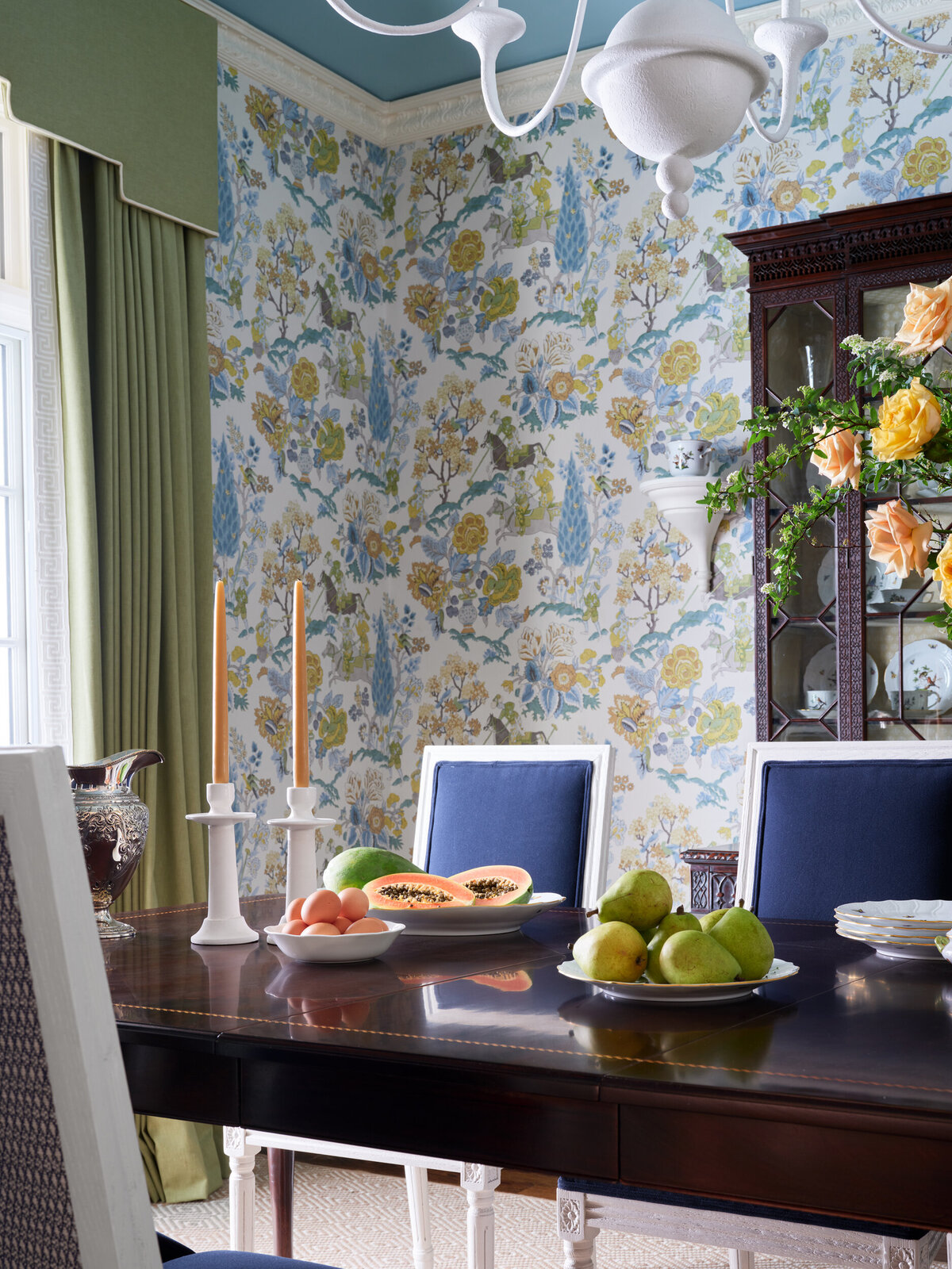 Dining Room Wallpaper, Green Draperies, Blue Velvet Dining Chairs