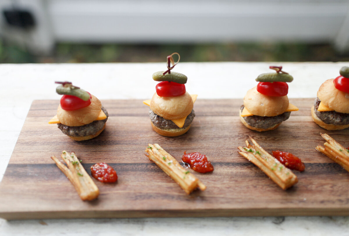 mini french frie bundles with hamburger slider appetizers served at Willowbrook wedding venue in Volant, PA