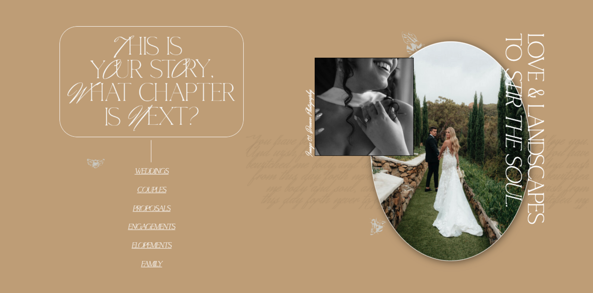 Another website copywriting line that says "Love and landscapes to stir the soul"