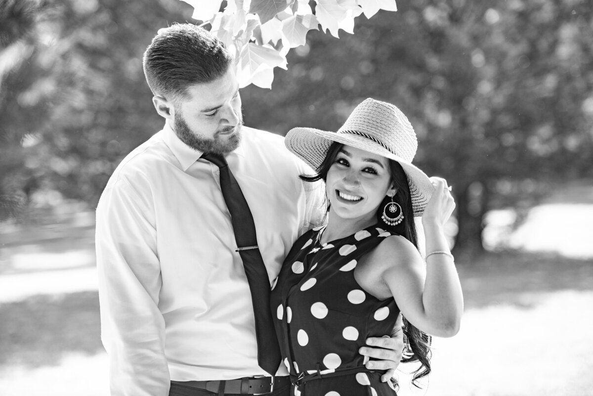 polka_dot_black_engagement_photo_outdoors